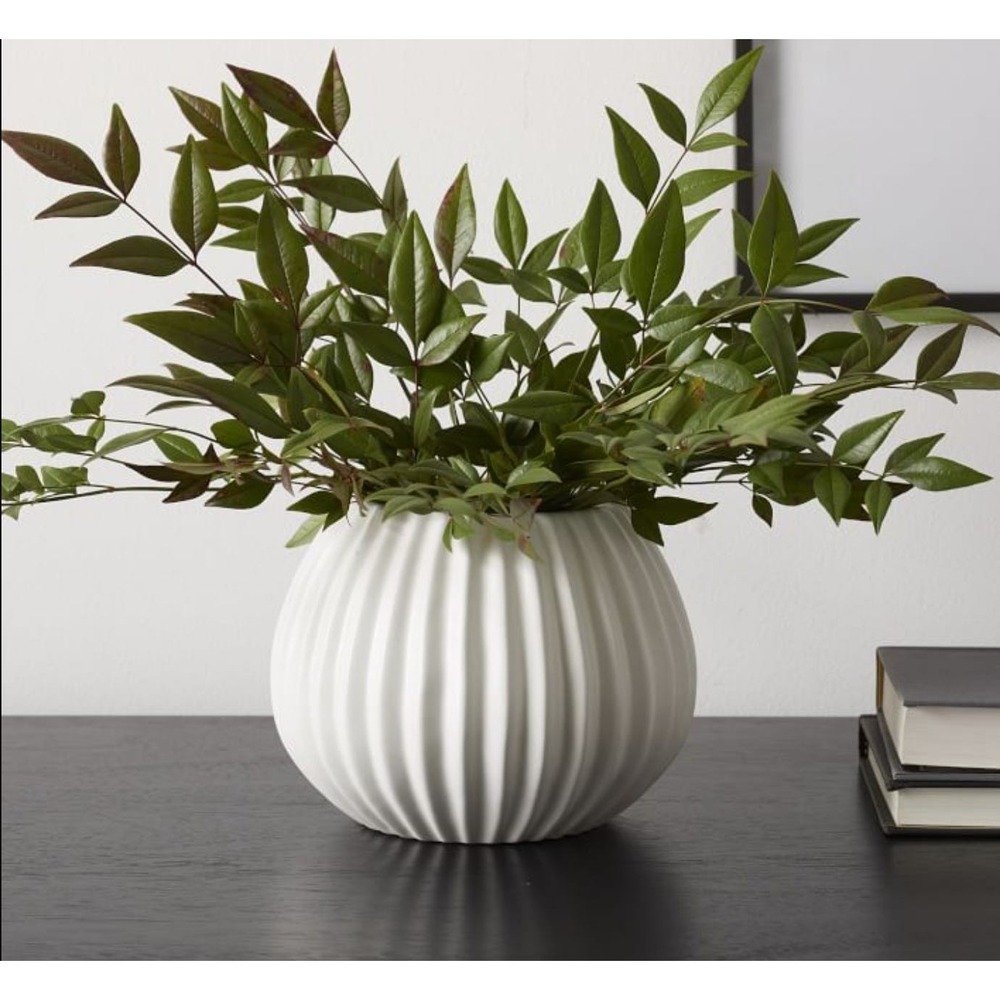 West Elm Planter Vase Textured Fluted Round Stoneware‎ White Glaze Retired 5.5"